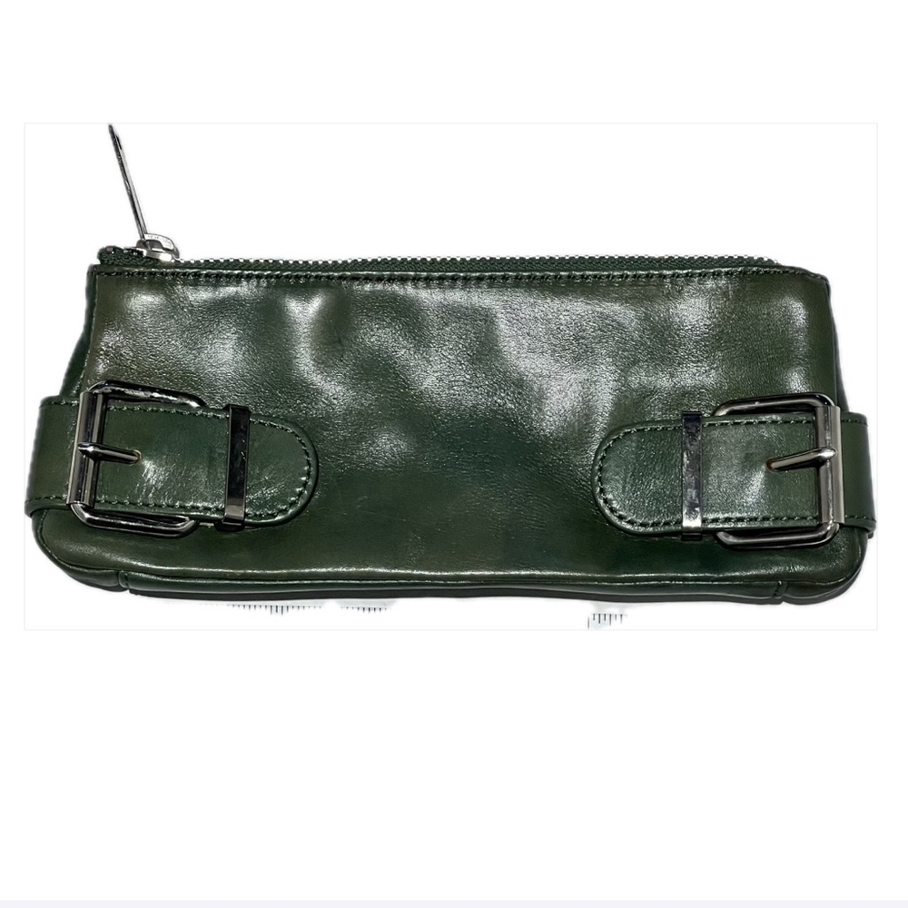 Banana Republic green leather clutch w/ silver buckle detail & exposed zipper.